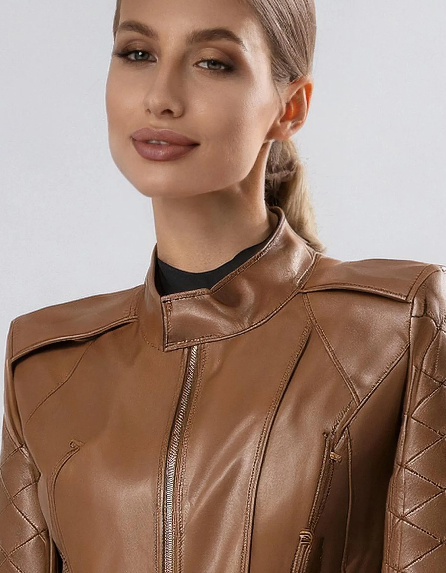 Cognac Brown Zip-Up Leather Jacket