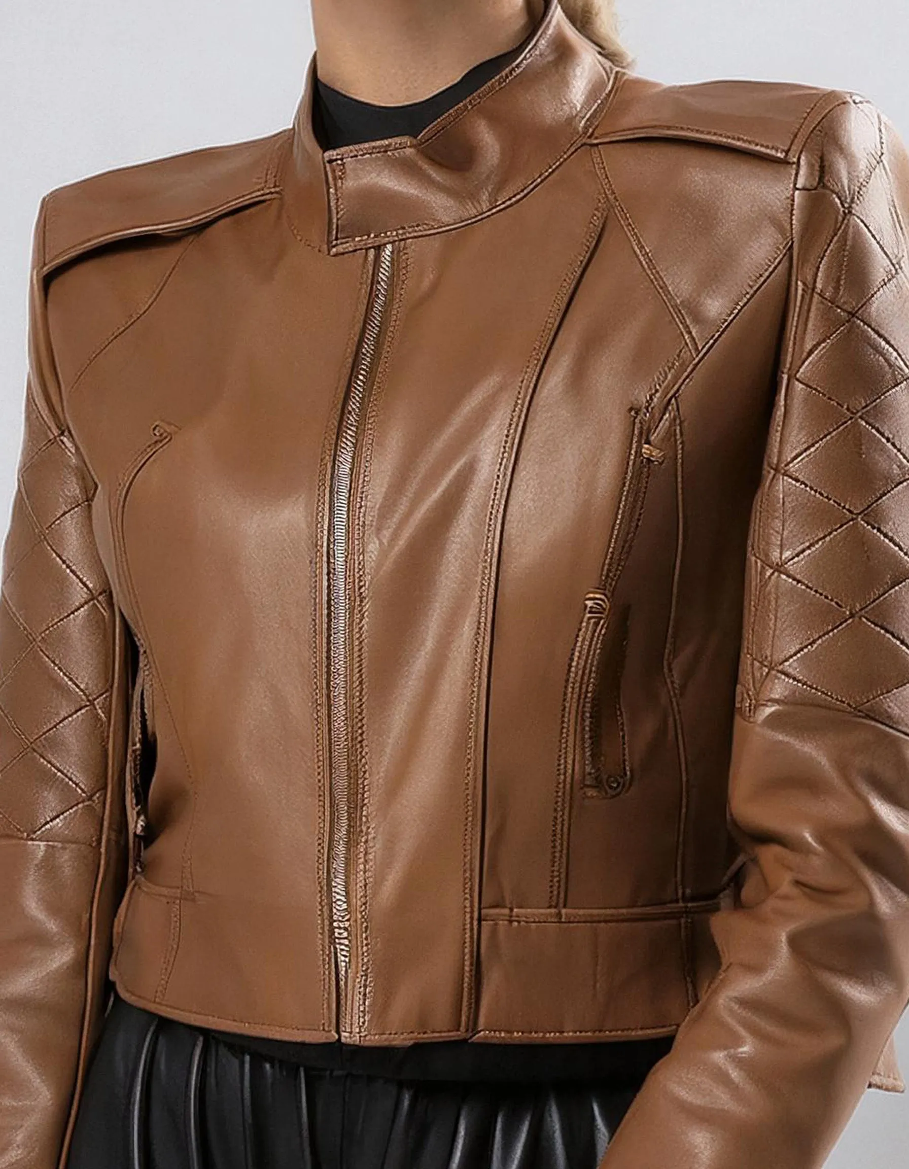 Cognac Brown Zip-Up Leather Jacket