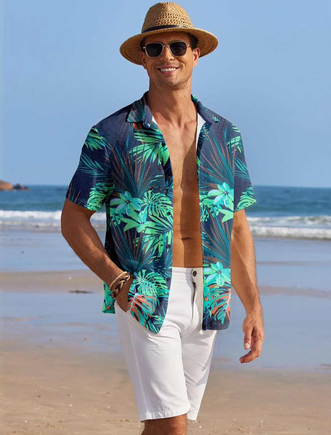 COOFANDY Men's Casual Shirts Short Sleeve Waffle Knit Button Down Shirt Wrinkle Free Summer Beach Tops