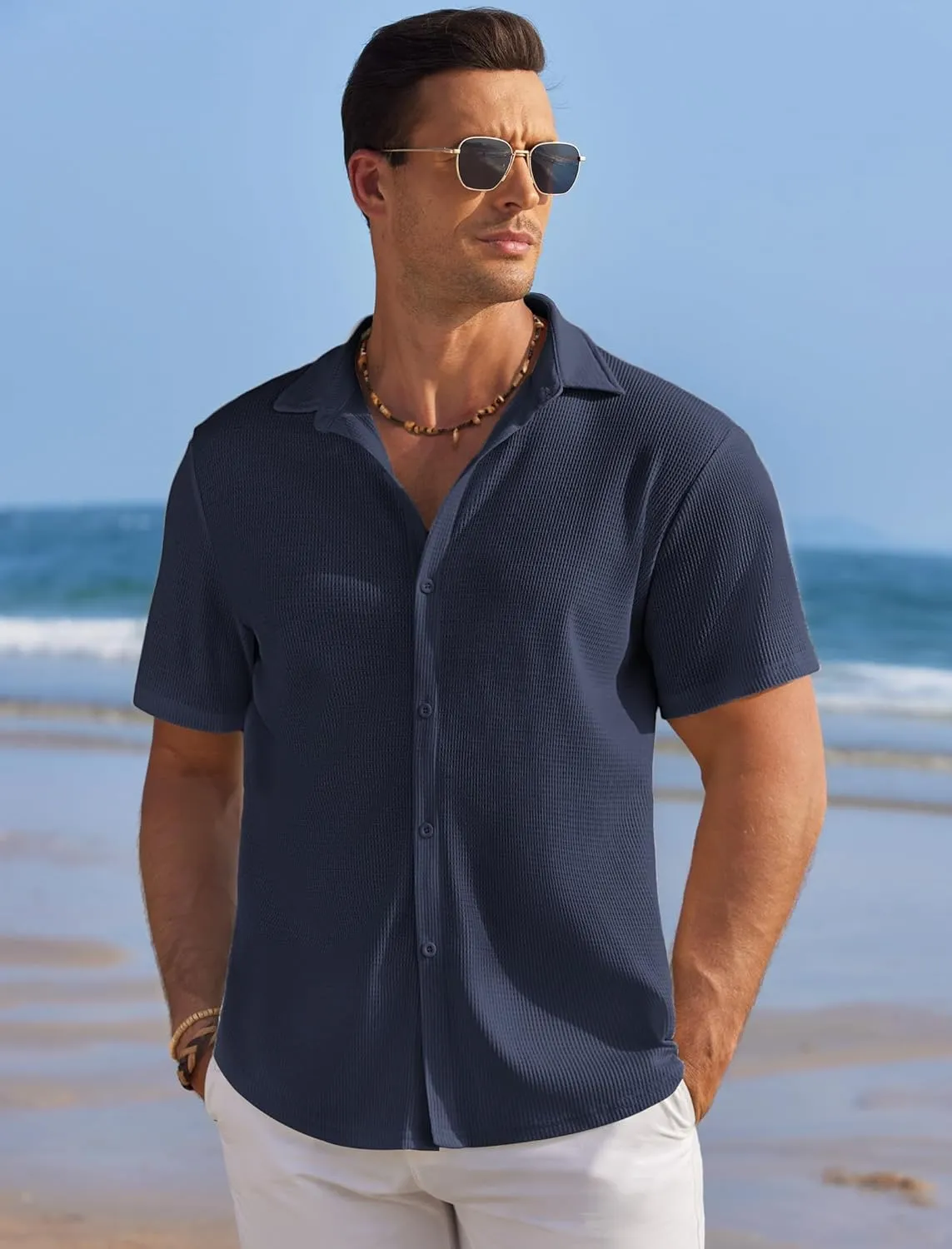 COOFANDY Men's Casual Shirts Short Sleeve Waffle Knit Button Down Shirt Wrinkle Free Summer Beach Tops