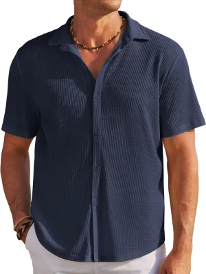 COOFANDY Men's Casual Shirts Short Sleeve Waffle Knit Button Down Shirt Wrinkle Free Summer Beach Tops