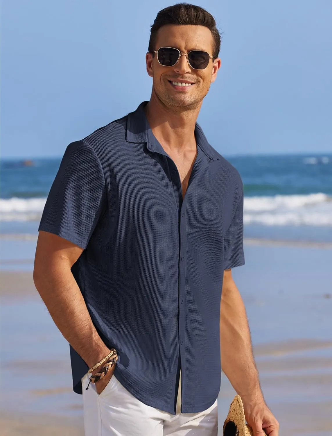 COOFANDY Men's Casual Shirts Short Sleeve Waffle Knit Button Down Shirt Wrinkle Free Summer Beach Tops