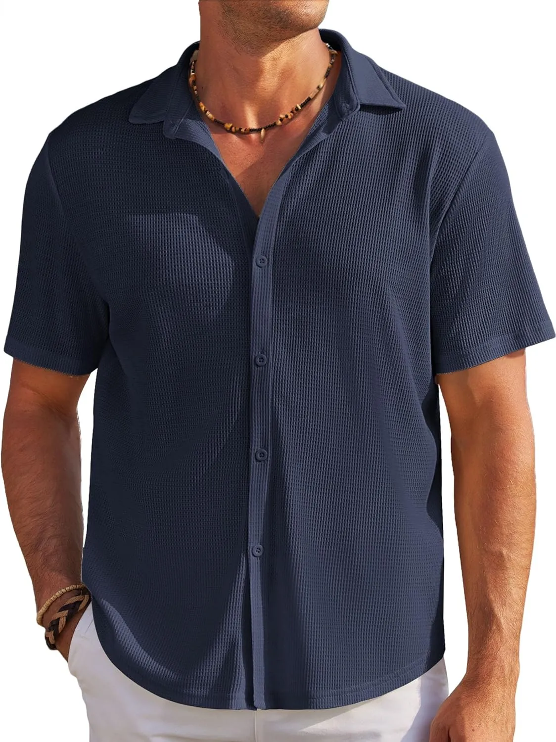 COOFANDY Men's Casual Shirts Short Sleeve Waffle Knit Button Down Shirt Wrinkle Free Summer Beach Tops