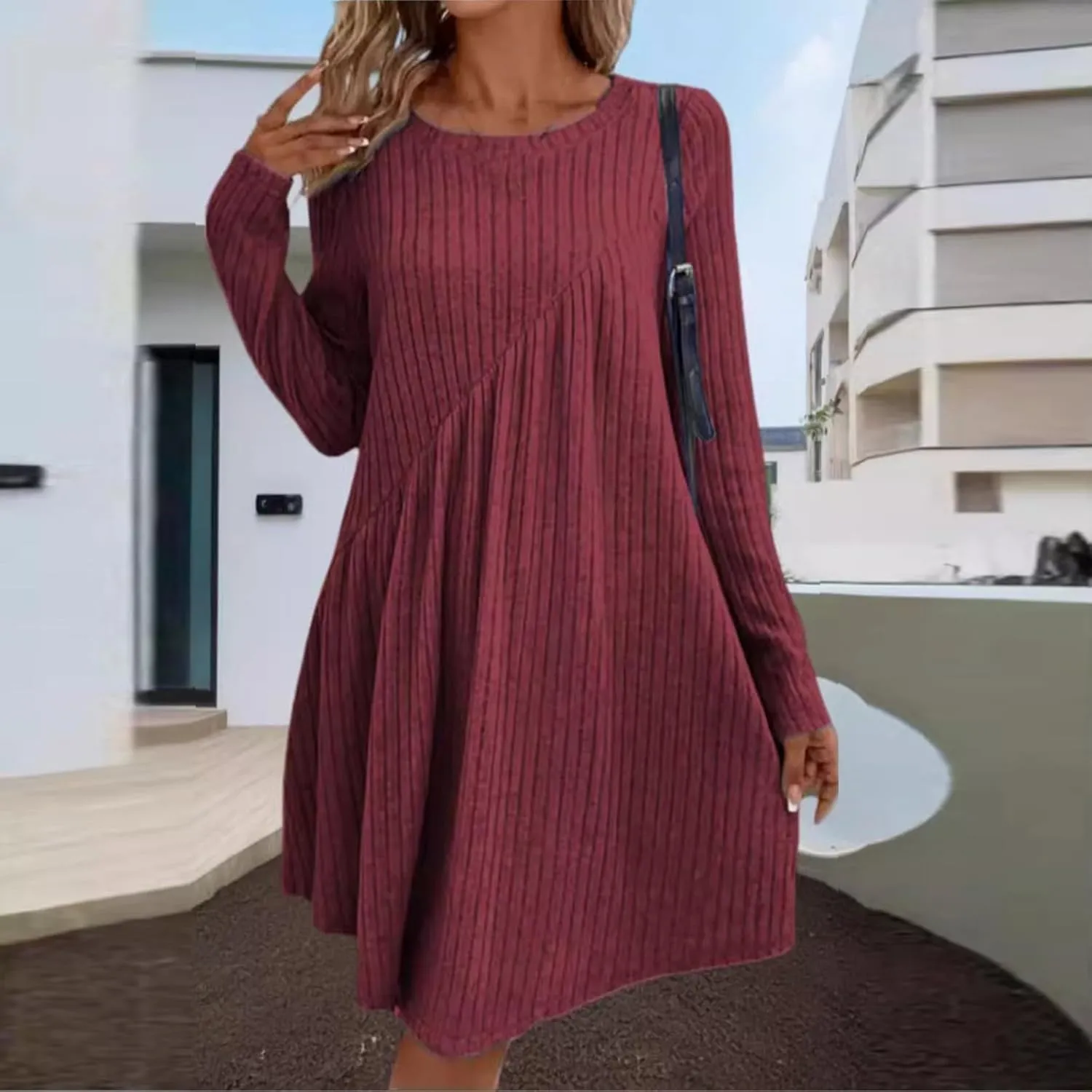 COTECRAM Fall Dresses for Women 2024 Trendy Round Neck Long Sleeve Casual Sweater Dress Spring Fashion Knit Tunic Dress