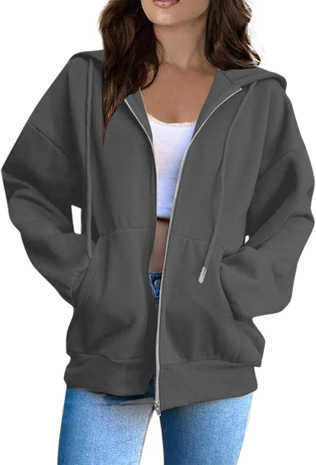 COTECRAM Women Zip Up Y2K Hoodie Fall Oversized Sweatshirts Casual Long Sleeve Drawstring Hooded Jacket 2024 Clothes