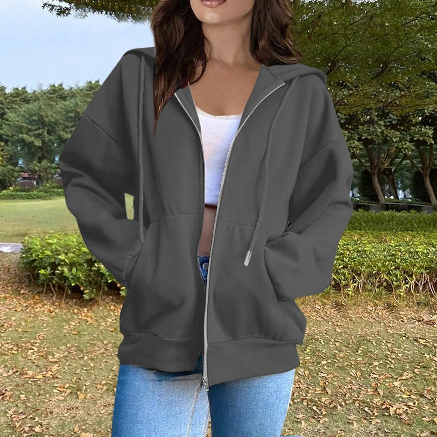 COTECRAM Women Zip Up Y2K Hoodie Fall Oversized Sweatshirts Casual Long Sleeve Drawstring Hooded Jacket 2024 Clothes