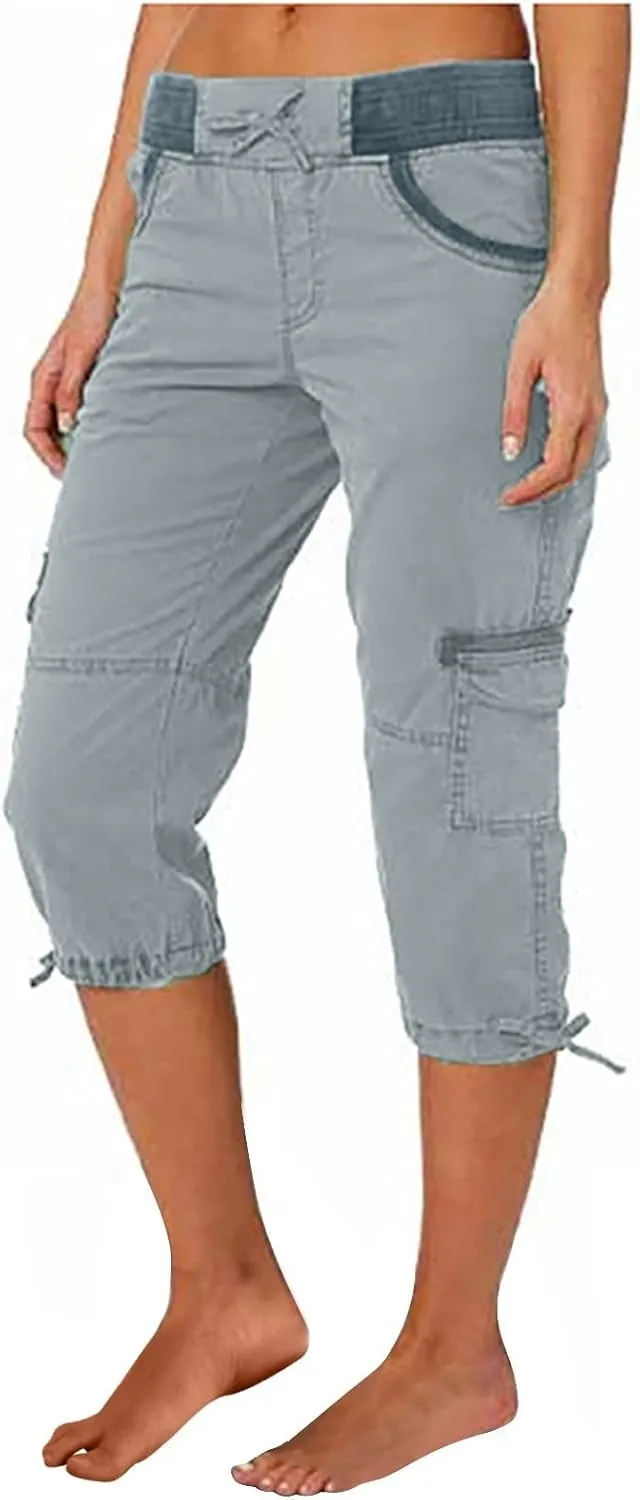 Cotton Cargo Capris for Women with Pockets Plus Size High Waisted Light Weight Hiking Travel Pants Trousers