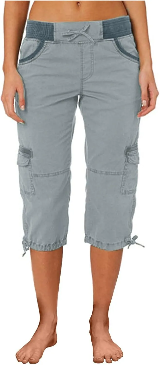 Cotton Cargo Capris for Women with Pockets Plus Size High Waisted Light Weight Hiking Travel Pants Trousers