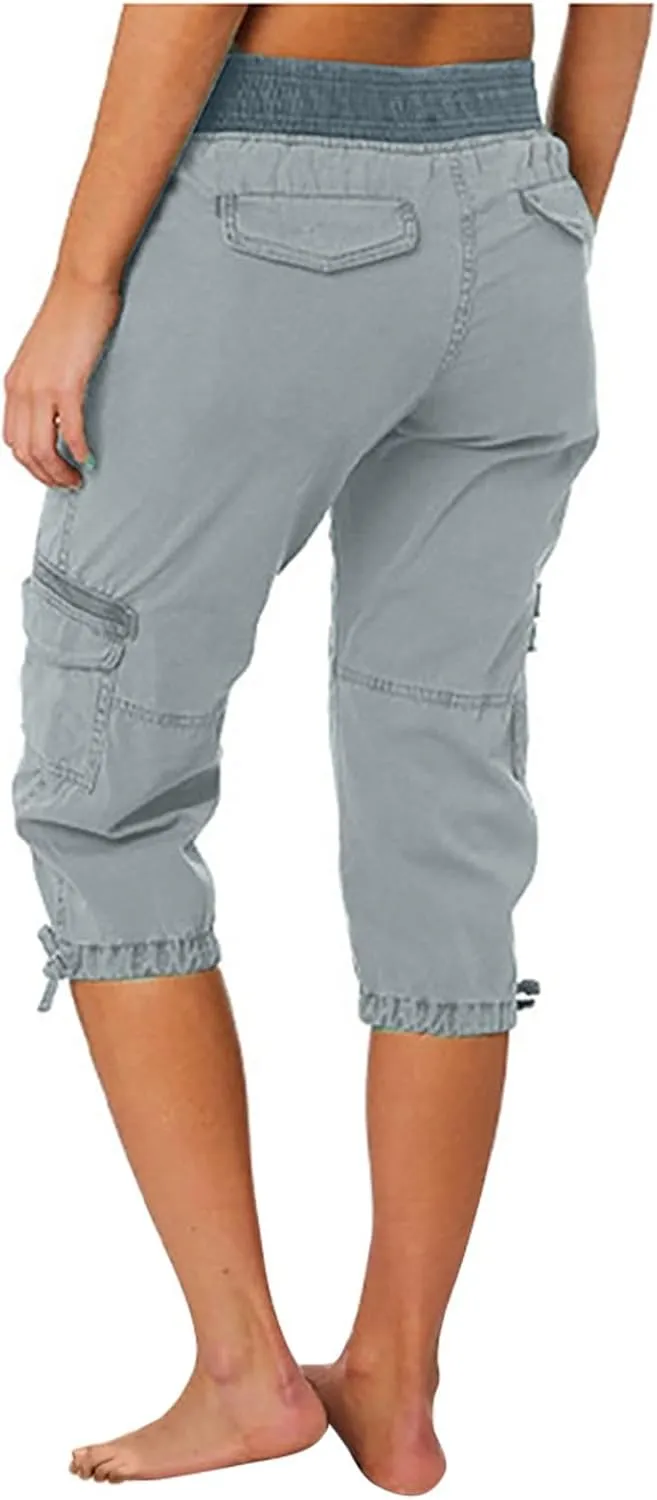 Cotton Cargo Capris for Women with Pockets Plus Size High Waisted Light Weight Hiking Travel Pants Trousers