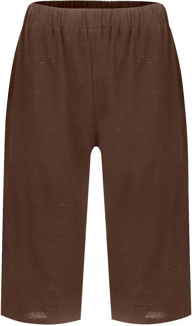 Cotton Linen Capri Pants for Women Trendy Summer High Waisted Lounge Pants Loose Straight Leg Trousers with Pockets
