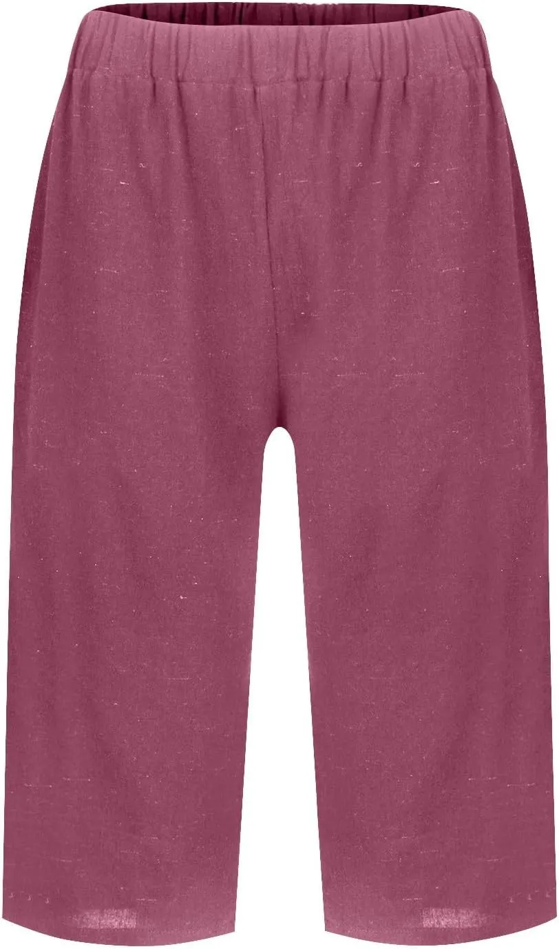 Cotton Linen Capri Pants for Women Trendy Summer High Waisted Lounge Pants Loose Straight Leg Trousers with Pockets