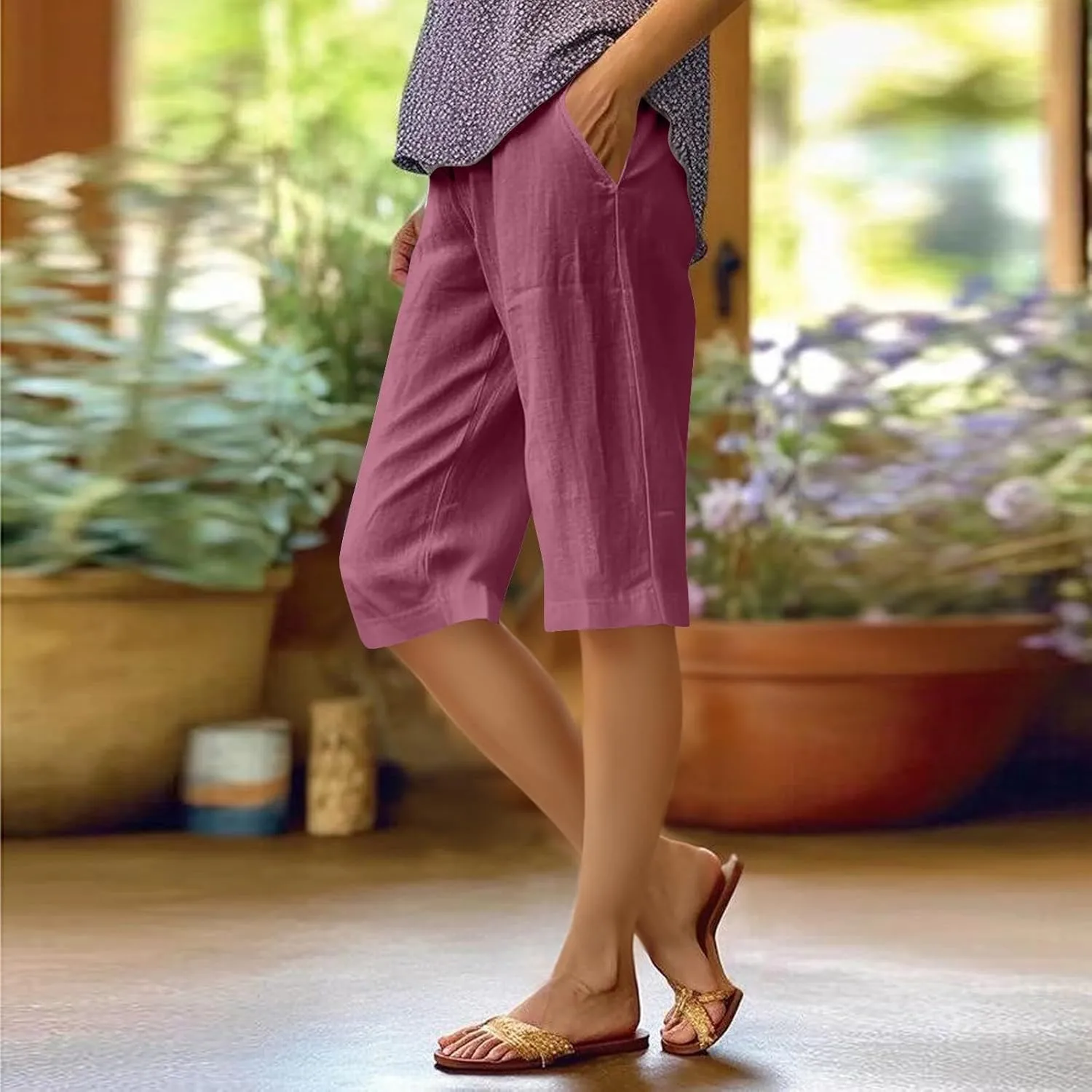 Cotton Linen Capri Pants for Women Trendy Summer High Waisted Lounge Pants Loose Straight Leg Trousers with Pockets