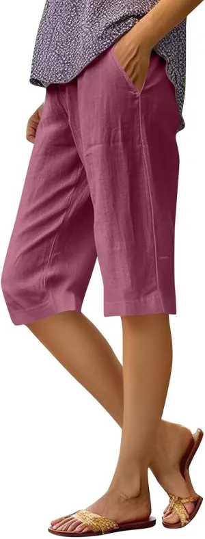 Cotton Linen Capri Pants for Women Trendy Summer High Waisted Lounge Pants Loose Straight Leg Trousers with Pockets