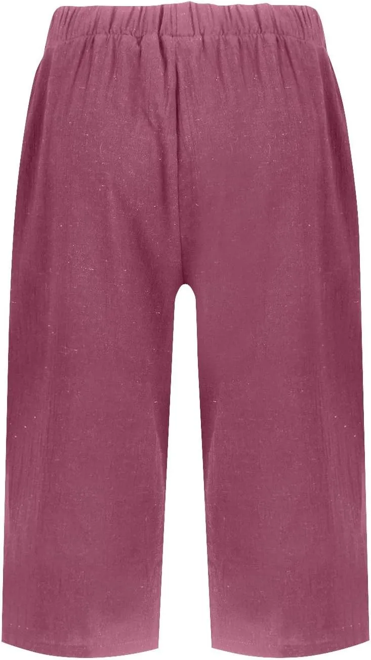 Cotton Linen Capri Pants for Women Trendy Summer High Waisted Lounge Pants Loose Straight Leg Trousers with Pockets