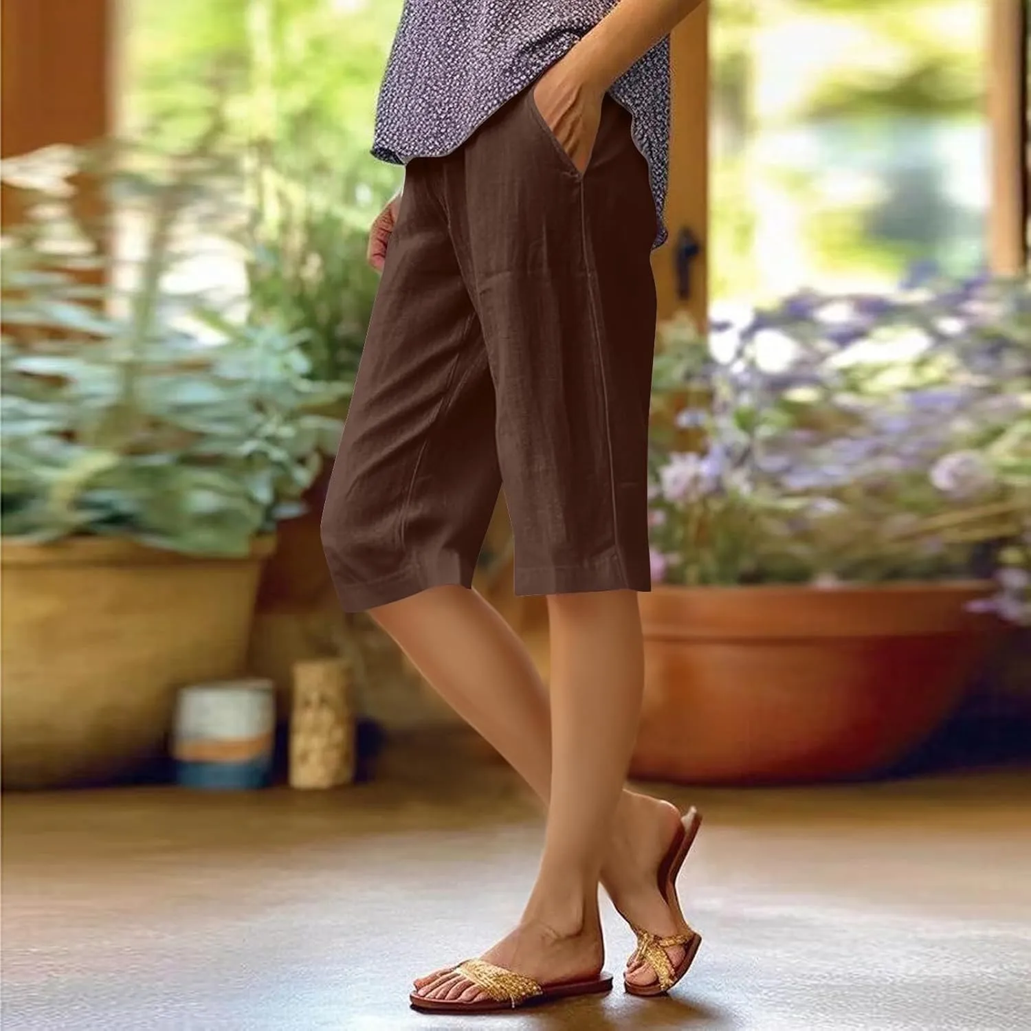 Cotton Linen Capri Pants for Women Trendy Summer High Waisted Lounge Pants Loose Straight Leg Trousers with Pockets