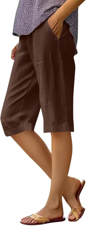 Cotton Linen Capri Pants for Women Trendy Summer High Waisted Lounge Pants Loose Straight Leg Trousers with Pockets