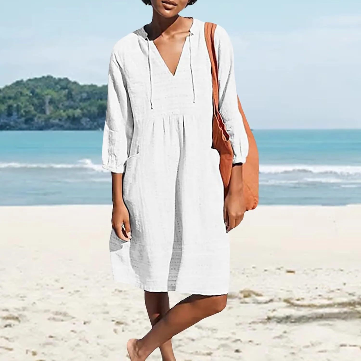 Cotton Linen Dresses for Women V Neck 3/4 Sleeve Tunic Smock Mini Dress Summer Casual Loose Dresses with Pockets