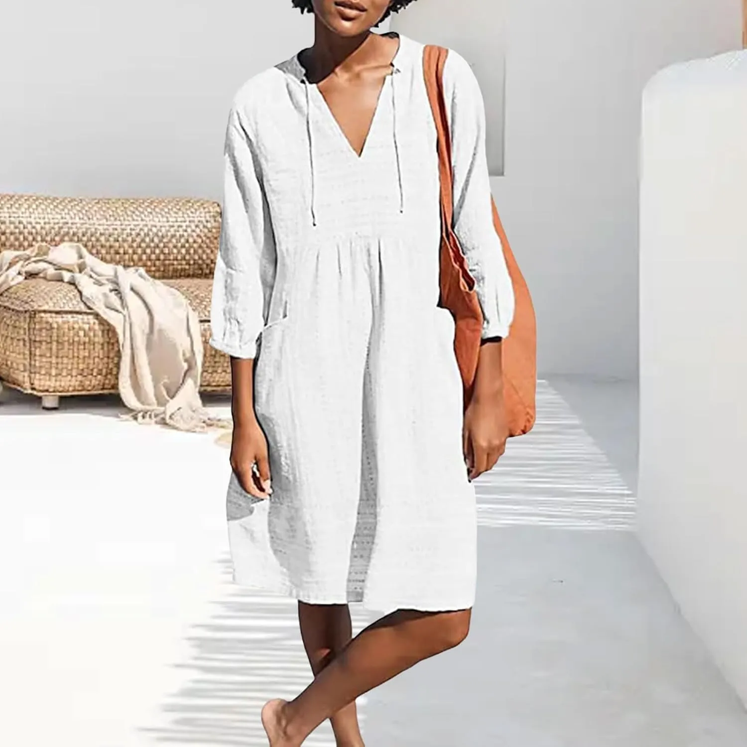 Cotton Linen Dresses for Women V Neck 3/4 Sleeve Tunic Smock Mini Dress Summer Casual Loose Dresses with Pockets