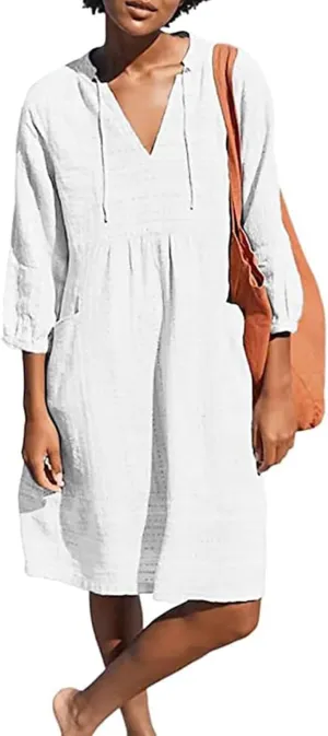 Cotton Linen Dresses for Women V Neck 3/4 Sleeve Tunic Smock Mini Dress Summer Casual Loose Dresses with Pockets