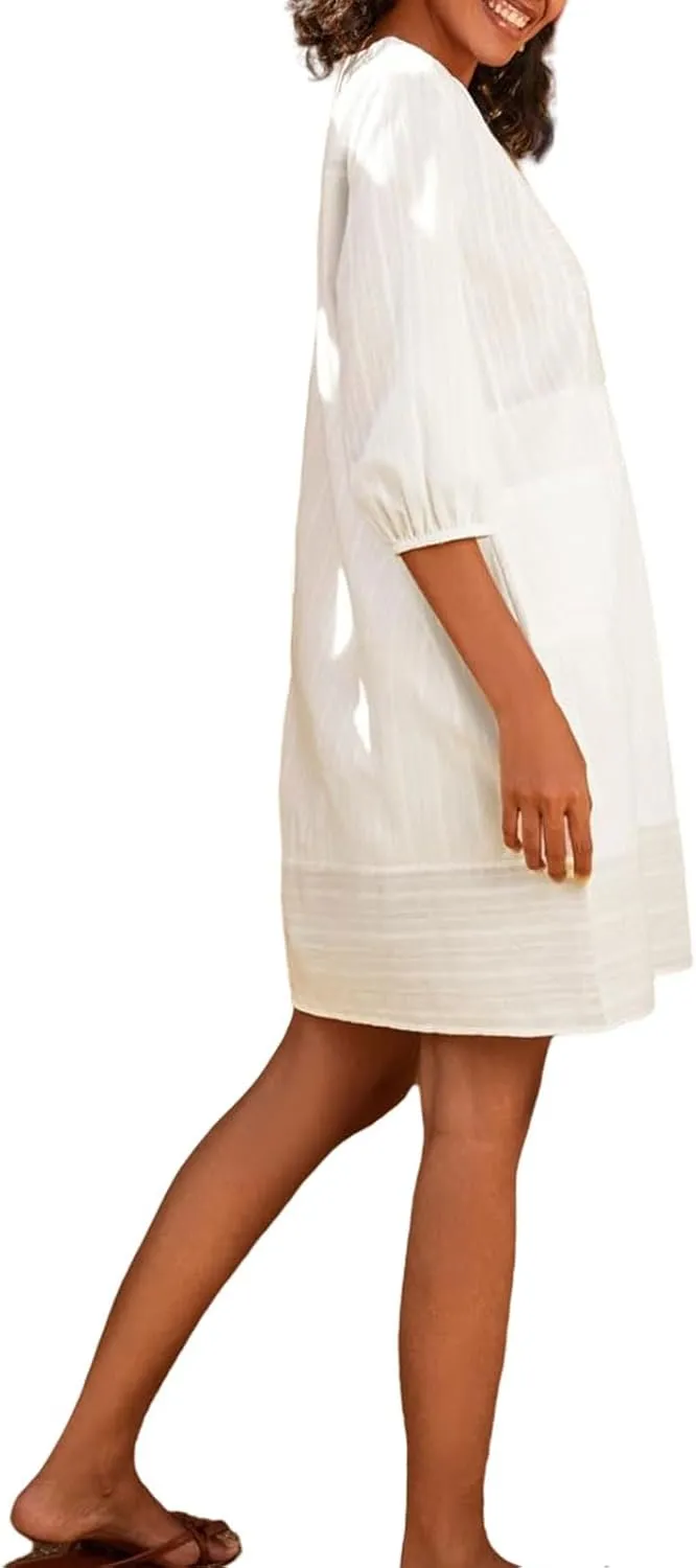 Cotton Linen Dresses for Women V Neck 3/4 Sleeve Tunic Smock Mini Dress Summer Casual Loose Dresses with Pockets