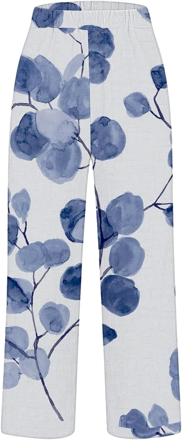 Cotton Linen Floral Cropped Pants for Women Summer Elastic Waist Straight Wide Leg Boho Beach Trouser with Pockets