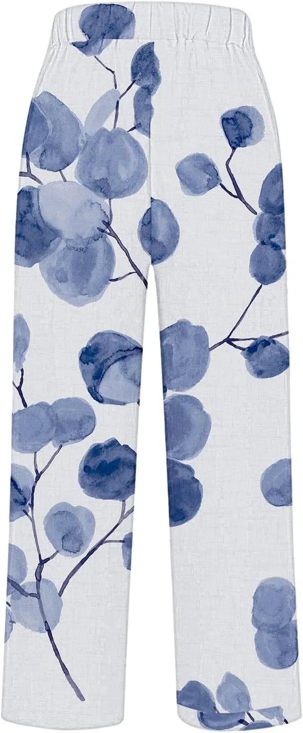 Cotton Linen Floral Cropped Pants for Women Summer Elastic Waist Straight Wide Leg Boho Beach Trouser with Pockets