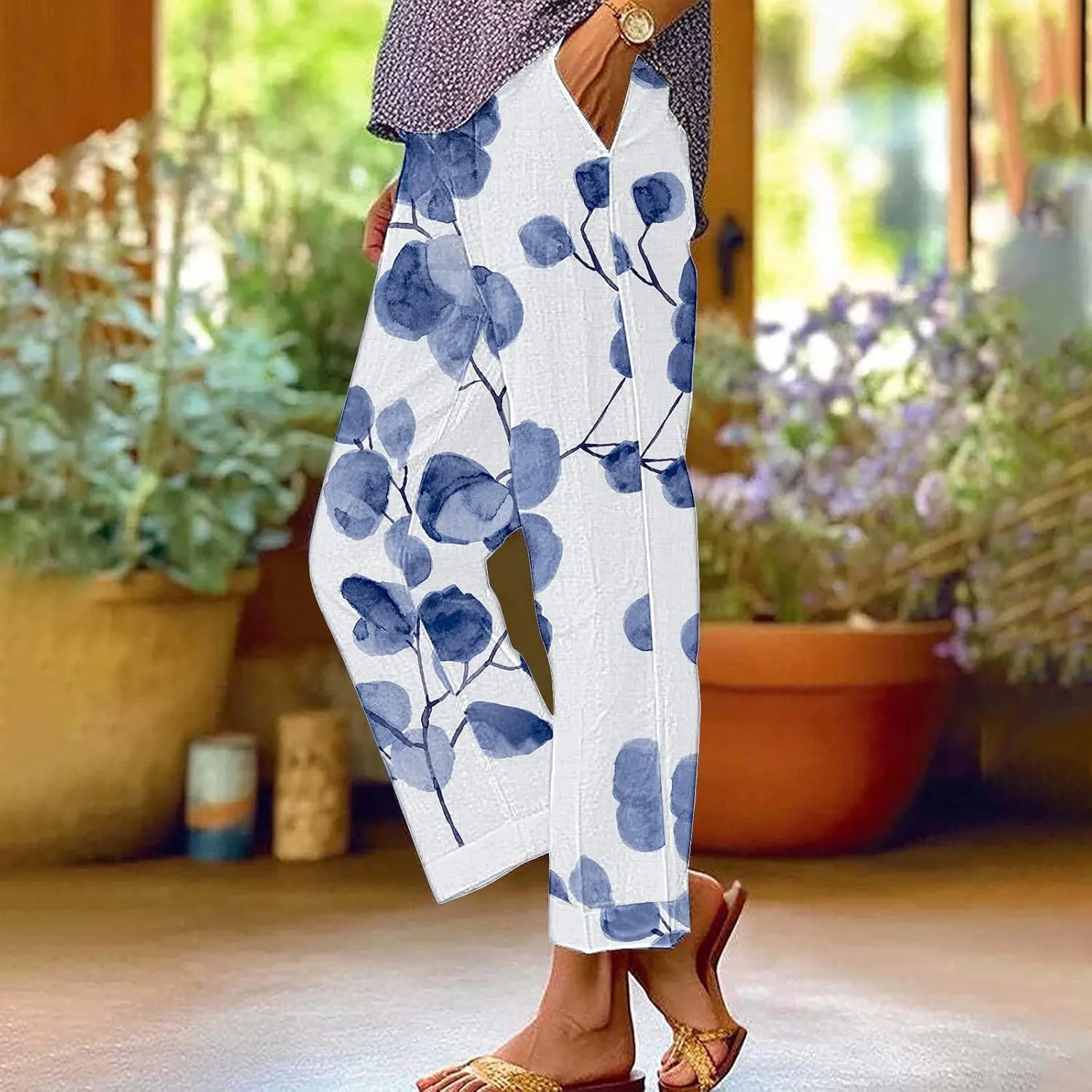 Cotton Linen Floral Cropped Pants for Women Summer Elastic Waist Straight Wide Leg Boho Beach Trouser with Pockets