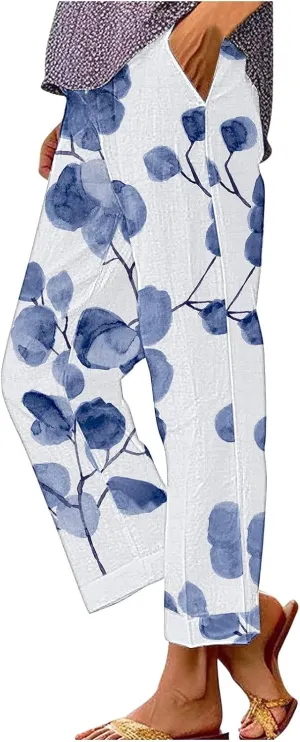 Cotton Linen Floral Cropped Pants for Women Summer Elastic Waist Straight Wide Leg Boho Beach Trouser with Pockets