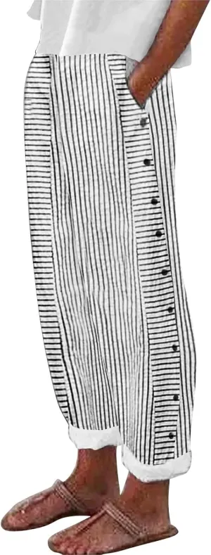 Cotton Linen Joggers for Women Striped Elastic Waisted Wide Leg Plus Size Active Lounge Comfy Trousers with Pockets