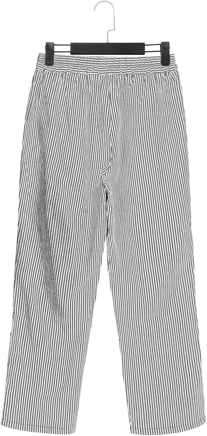 Cotton Linen Joggers for Women Striped Elastic Waisted Wide Leg Plus Size Active Lounge Comfy Trousers with Pockets