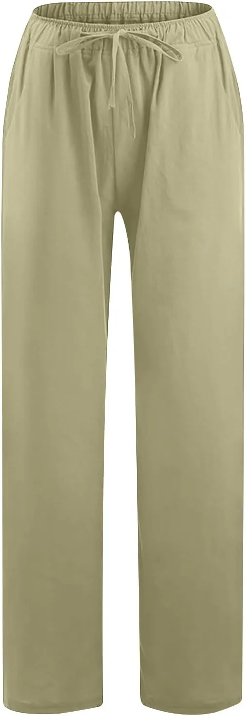 Cotton Linen Pants for Women 2024 Summer Comfy Loose Drawstring High Waist Pants Lightweight Vacation Beach Trousers
