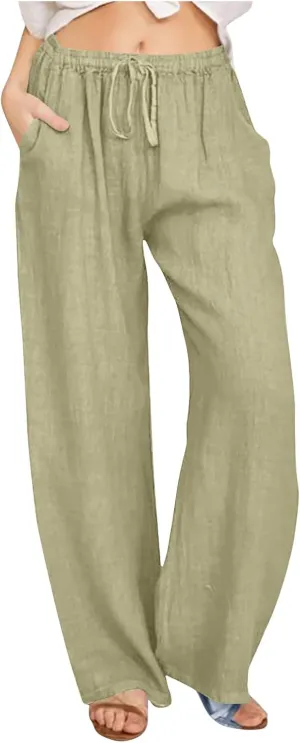Cotton Linen Pants for Women 2024 Summer Comfy Loose Drawstring High Waist Pants Lightweight Vacation Beach Trousers
