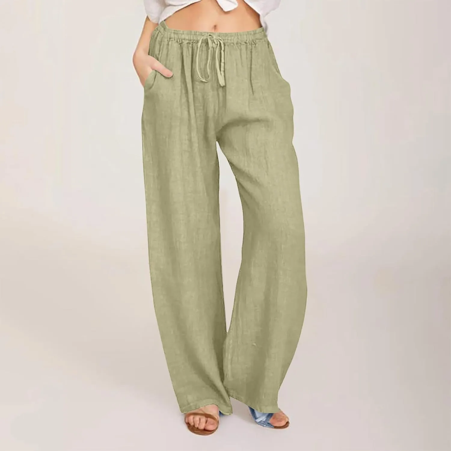 Cotton Linen Pants for Women 2024 Summer Comfy Loose Drawstring High Waist Pants Lightweight Vacation Beach Trousers