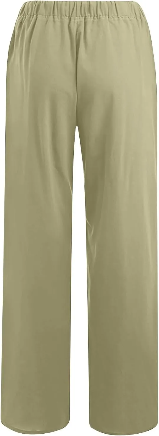 Cotton Linen Pants for Women 2024 Summer Comfy Loose Drawstring High Waist Pants Lightweight Vacation Beach Trousers