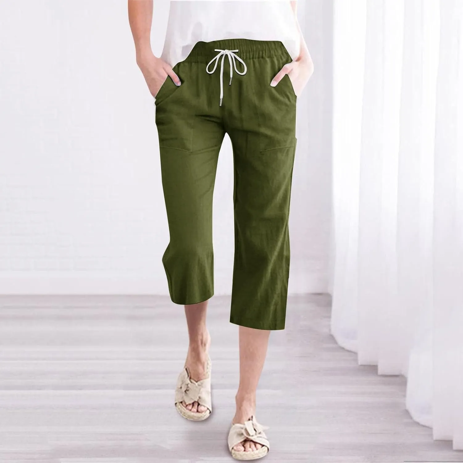 Cotton Linen Pants for Women Casual 2025 Summer Capri with Pockets Plus Size Drawstring Elastic Waist Trousers