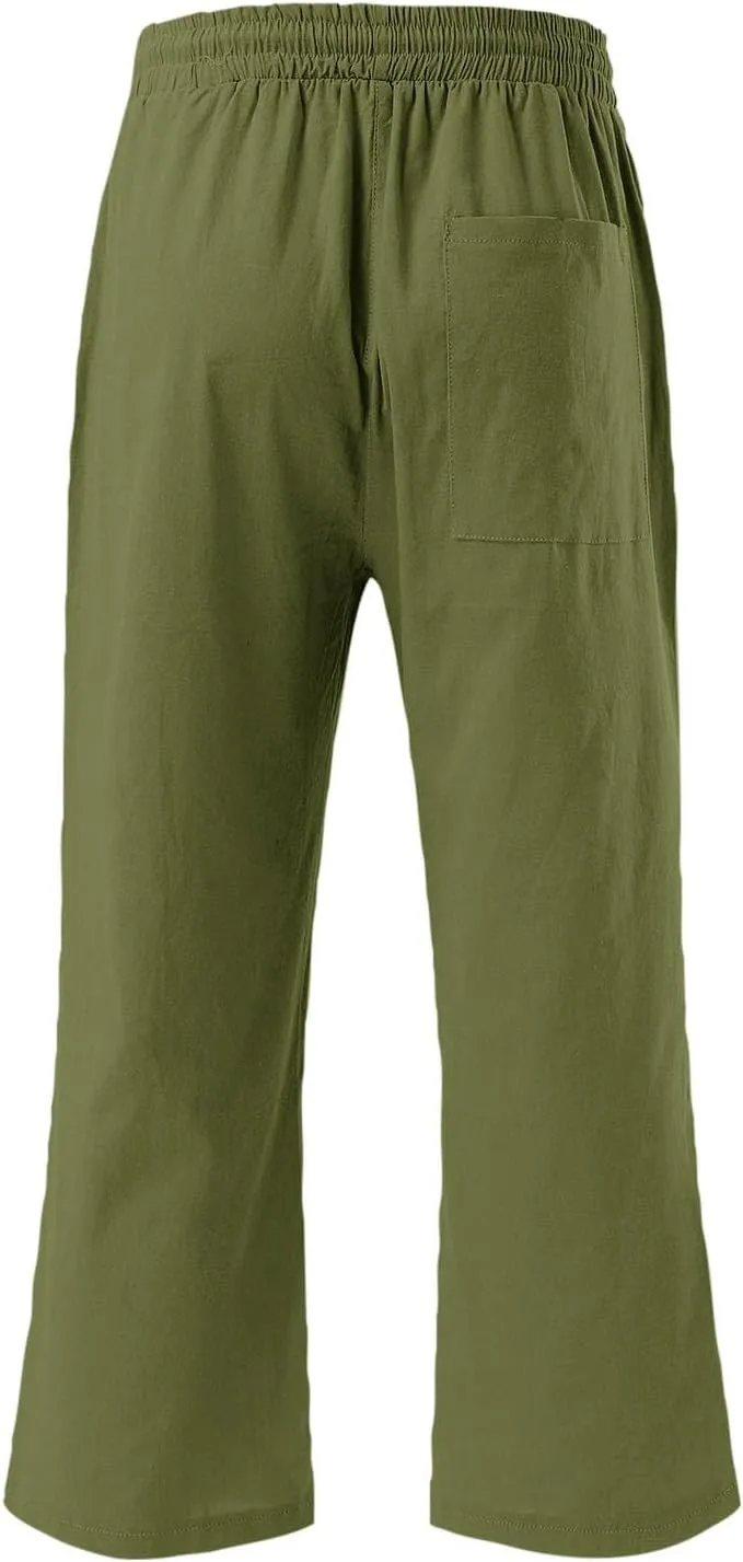 Cotton Linen Pants for Women Casual 2025 Summer Capri with Pockets Plus Size Drawstring Elastic Waist Trousers