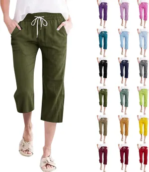 Cotton Linen Pants for Women Casual 2025 Summer Capri with Pockets Plus Size Drawstring Elastic Waist Trousers