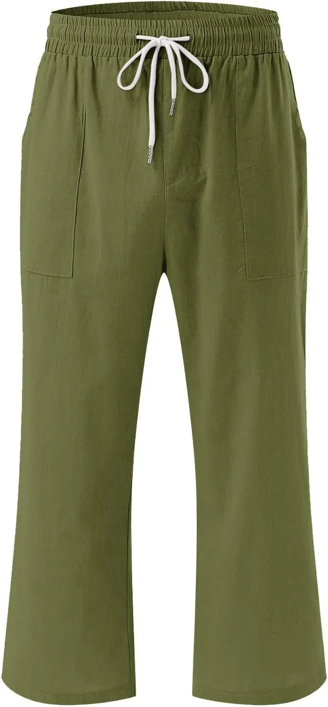 Cotton Linen Pants for Women Casual 2025 Summer Capri with Pockets Plus Size Drawstring Elastic Waist Trousers