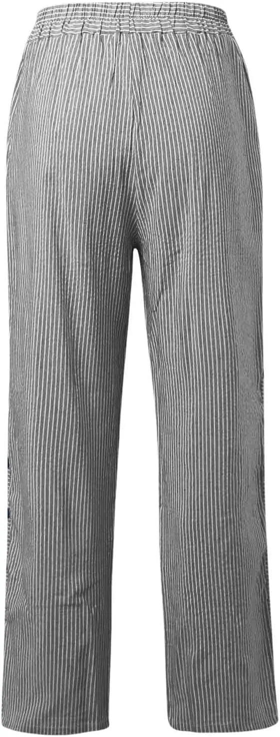 Cotton Linen Pants for Women Striped Print Side Button Pants Baggy Elastic Waist Straight Leg Trousers w Pocket