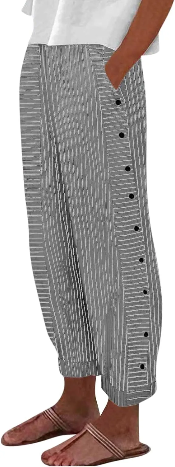 Cotton Linen Pants for Women Striped Print Side Button Pants Baggy Elastic Waist Straight Leg Trousers w Pocket