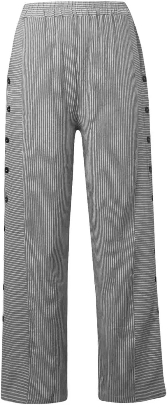 Cotton Linen Pants for Women Striped Print Side Button Pants Baggy Elastic Waist Straight Leg Trousers w Pocket