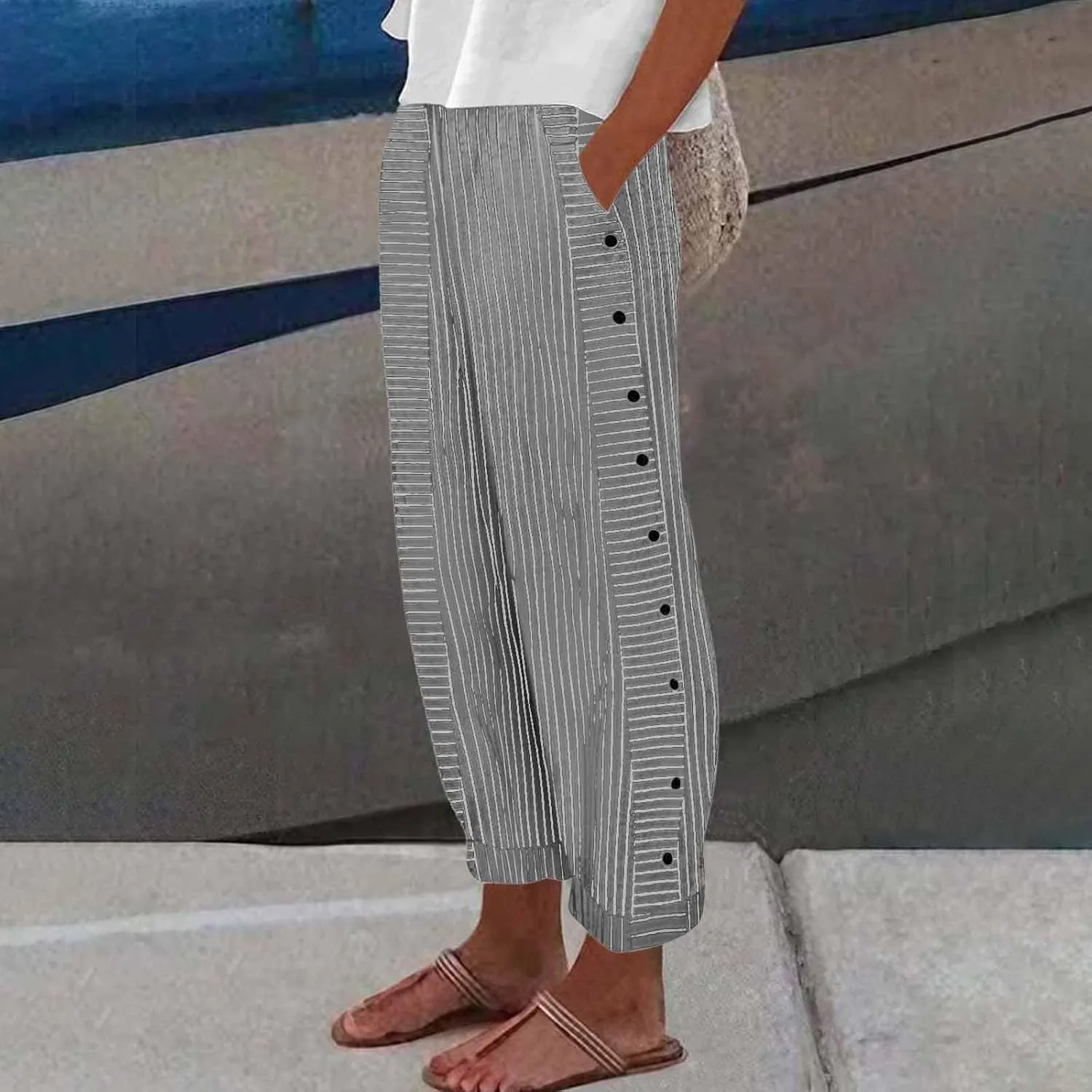 Cotton Linen Pants for Women Striped Print Side Button Pants Baggy Elastic Waist Straight Leg Trousers w Pocket