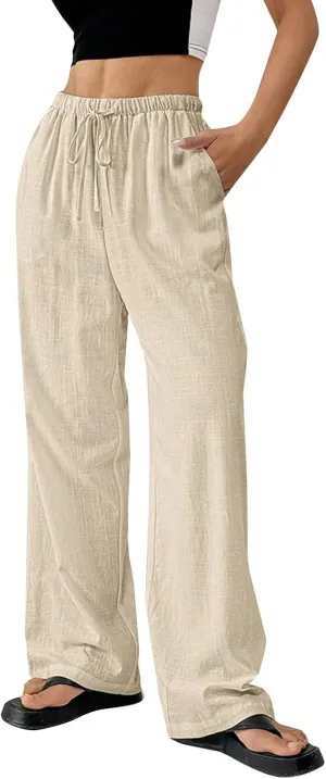 Cotton Linen Pants for Womens Elastic Waist Drawstring Wide Leg Trousers Casual Baggy Comfy Lightweight Summer Pants