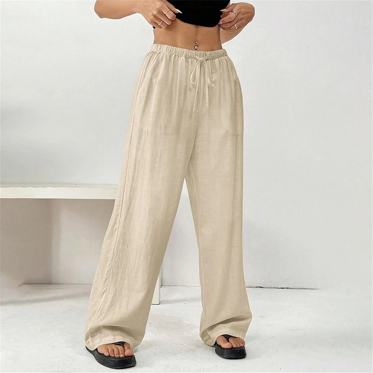 Cotton Linen Pants for Womens Elastic Waist Drawstring Wide Leg Trousers Casual Baggy Comfy Lightweight Summer Pants