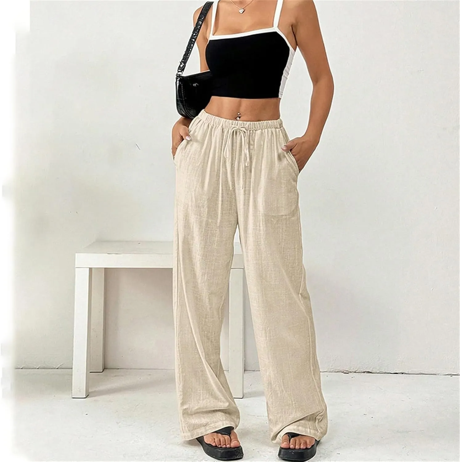 Cotton Linen Pants for Womens Elastic Waist Drawstring Wide Leg Trousers Casual Baggy Comfy Lightweight Summer Pants