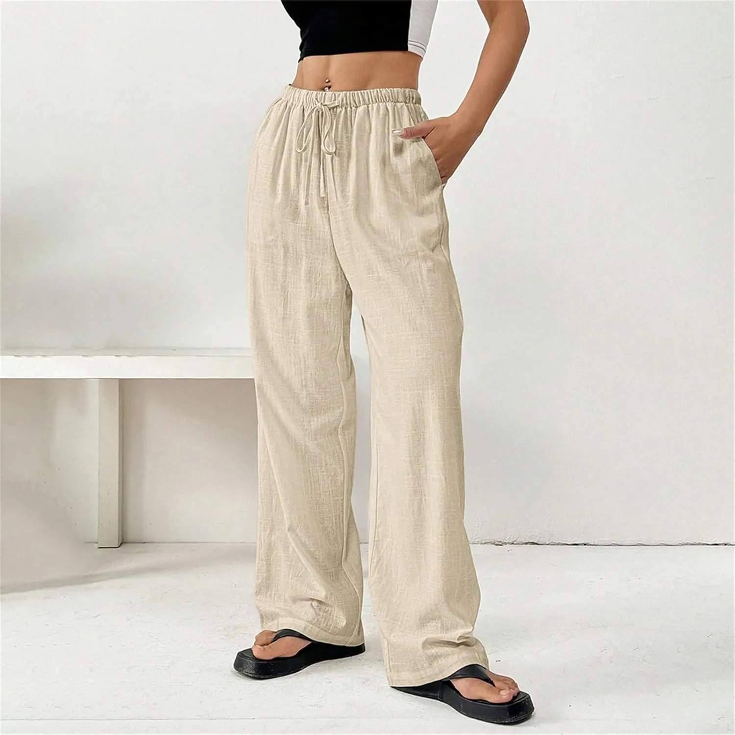 Cotton Linen Pants for Womens Elastic Waist Drawstring Wide Leg Trousers Casual Baggy Comfy Lightweight Summer Pants
