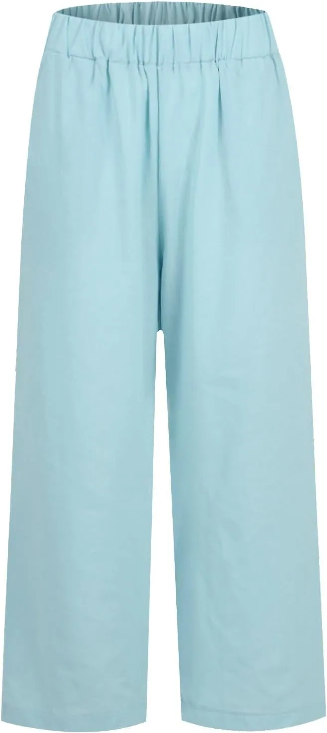 Cotton Linen Pants Women Summer Elastic Waist Straight Leg Plus Size Cropped Pants Casual Beach Trousers with Pockets