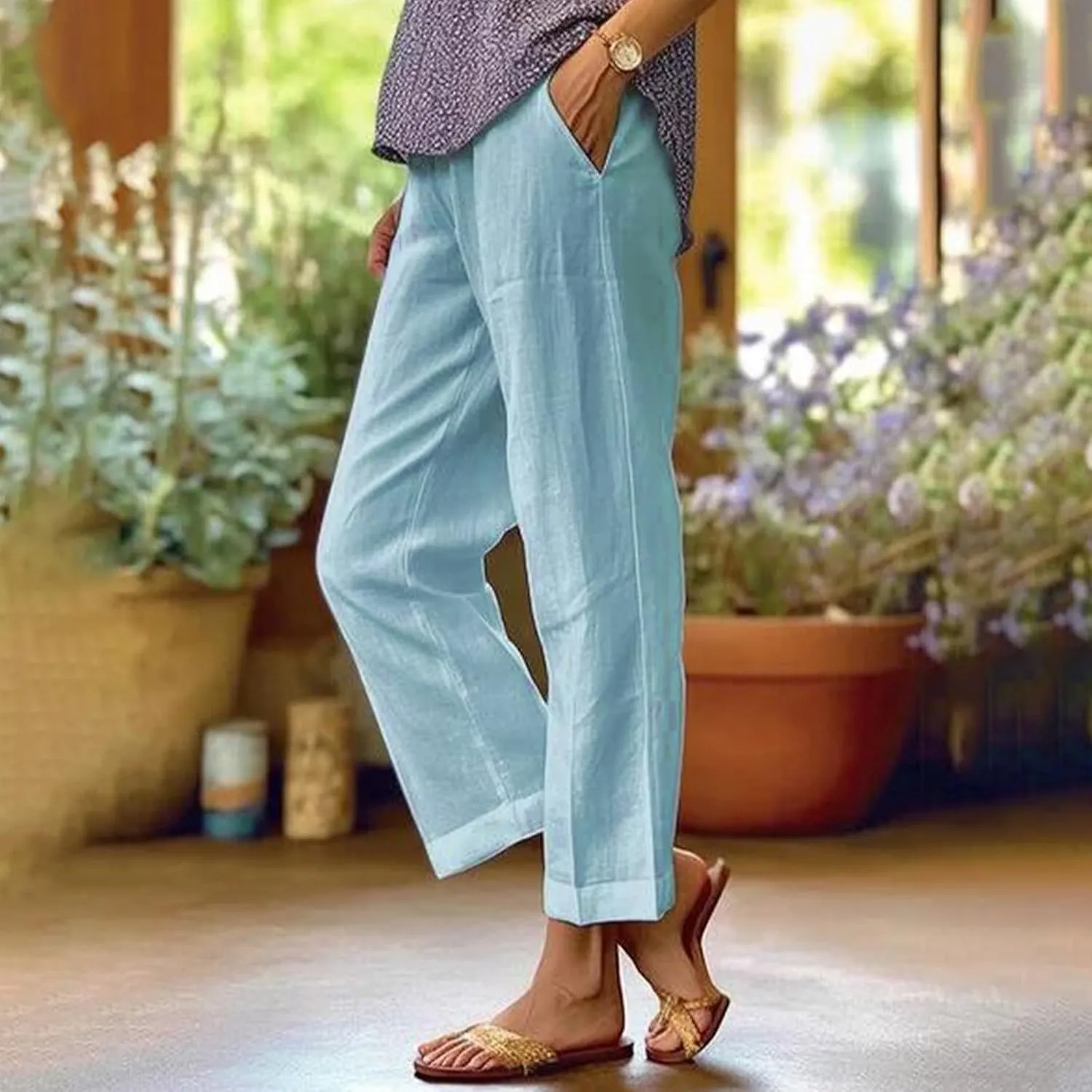 Cotton Linen Pants Women Summer Elastic Waist Straight Leg Plus Size Cropped Pants Casual Beach Trousers with Pockets