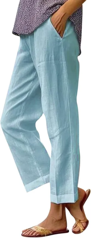 Cotton Linen Pants Women Summer Elastic Waist Straight Leg Plus Size Cropped Pants Casual Beach Trousers with Pockets