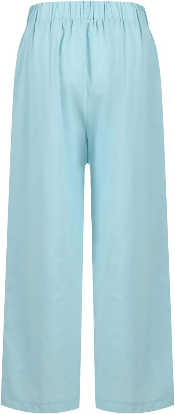 Cotton Linen Pants Women Summer Elastic Waist Straight Leg Plus Size Cropped Pants Casual Beach Trousers with Pockets